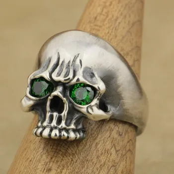 

LINSION Handmade 925 Sterling Silver Mens Biker Rock Punk Green CZ Eyes Skull Ring TA62 US Size 7~15