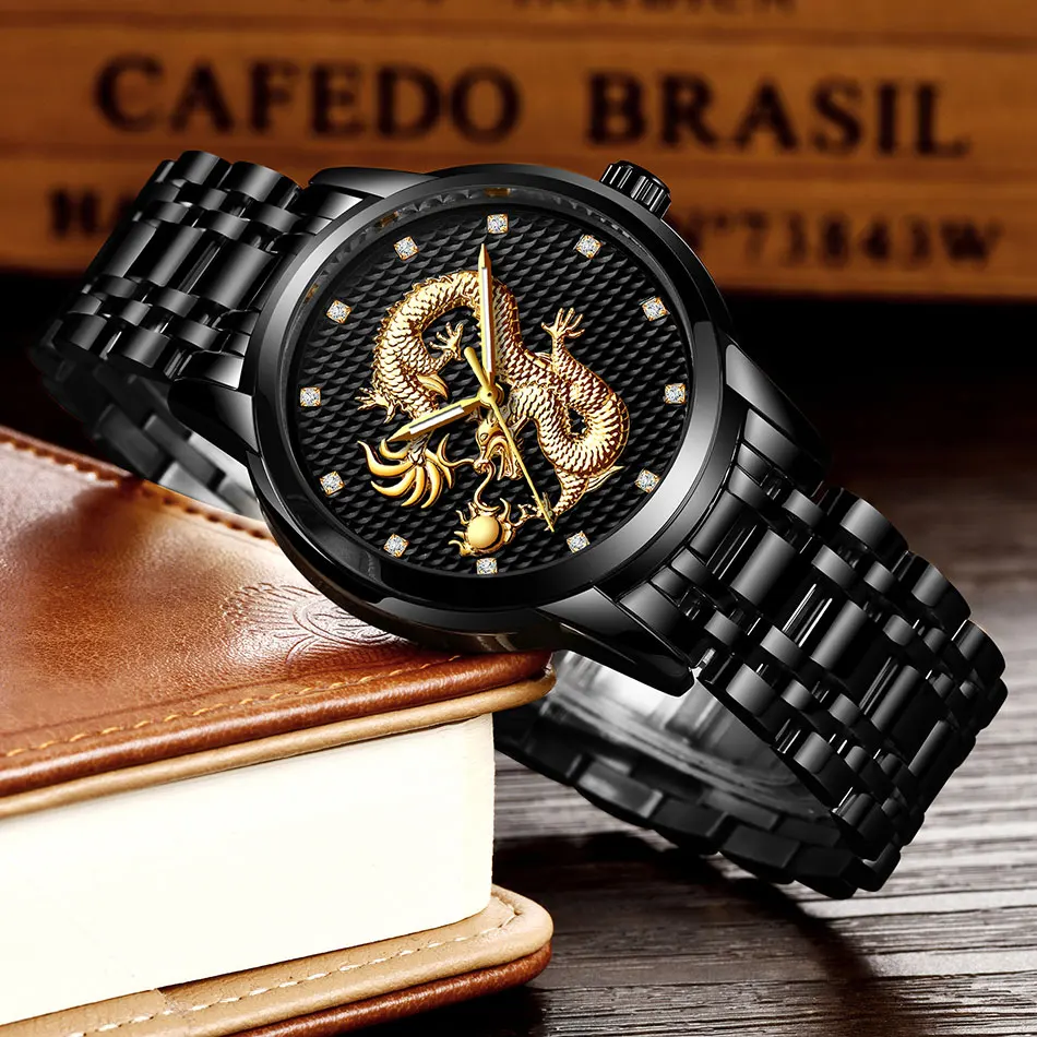 2021 LIGE New Golden Mens Watches Top Brand Luxury Chinese Dragon Watch Business Full Steel Quartz Clock Male Relogio Masculino