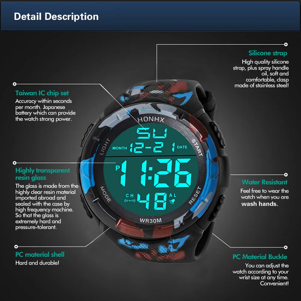 Honhx Mens часы светодиодный цифровой Дата спортивные мужские кварцевые часы наружная Электроника мужские часы Relogio Masculino 6002-176