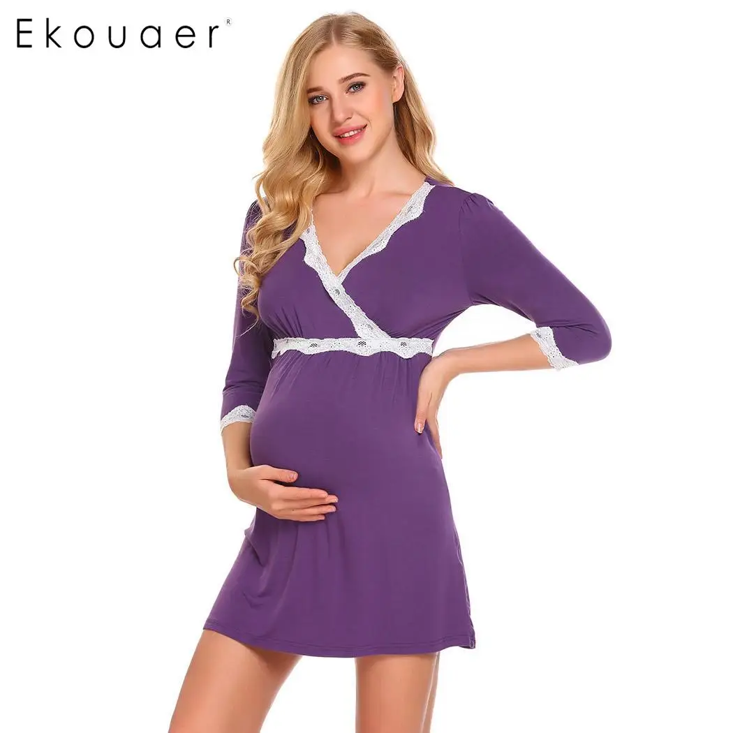 Ekouaer Для женщин Ночная рубашка для беременных и кормящих Ночное платье пижамы V шеи Кружева лоскутное короткие платья сна Ночное Женский Спокойной - Цвет: Purple