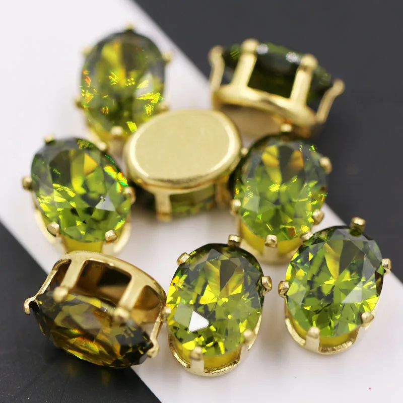 6X8mm 플랫백 골드 클로 세팅 라인스톤 타원형 지르콘 인조 보석 (목걸이/귀걸이/네일용)
