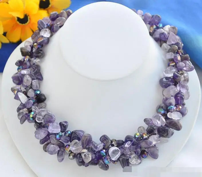 

3348 4row lavender nubby faceted purple crystal amethyst necklace