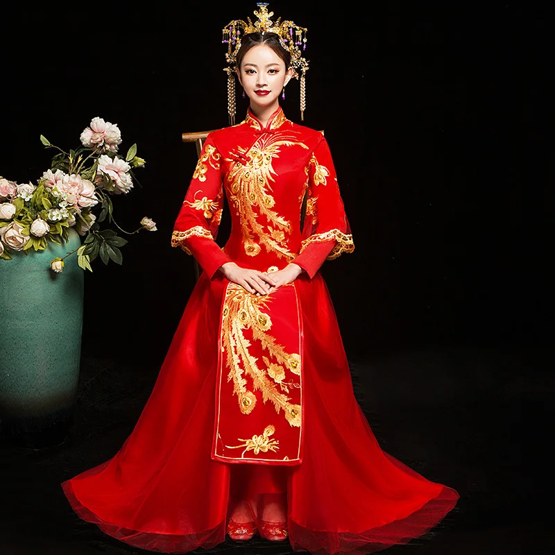 

Oriental Wedding Gowns Red Cheongsam Sexy Qipao Long Traditional Chinese Dresses Vestidos Chines Chino Tradicional