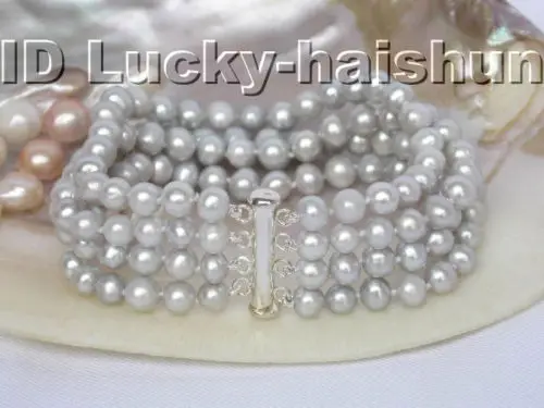 

Wholesale price 16new ^^^8" 4row round Gray freshwater pearls bracelet