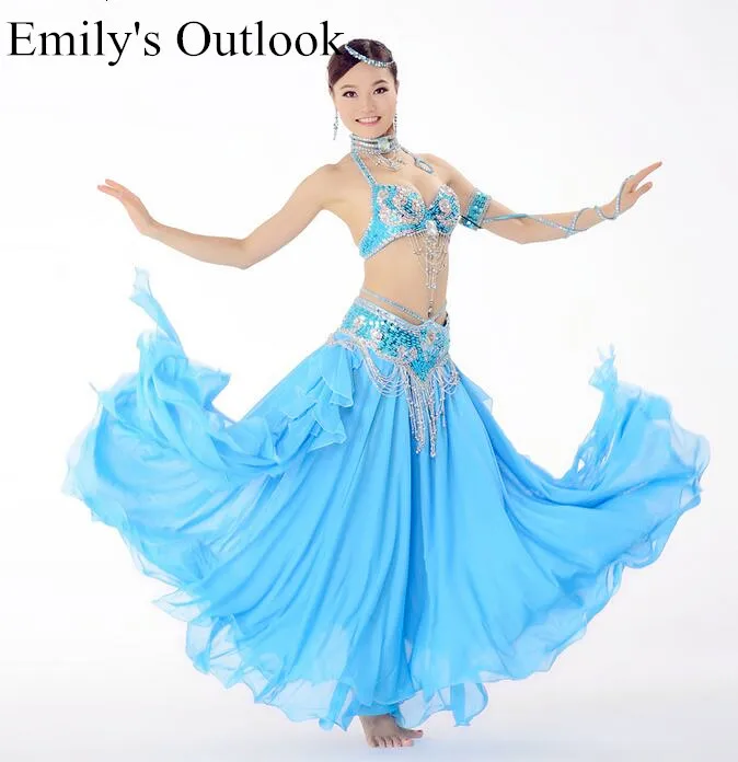 

Indian Belly Dance Costumes (Halter Bra+Skirt+Belt) Handmade Beaded Show Arabic Princess Bollywood Girl Blue Red Free Shipping