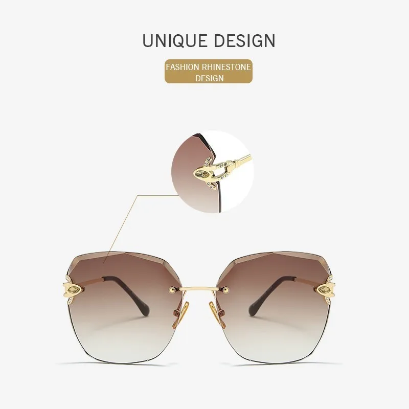 DENISA, роскошные брендовые Большие женские солнцезащитные очки, стразы, без оправы, женские солнцезащитные очки, Дизайнерские летние очки G31277