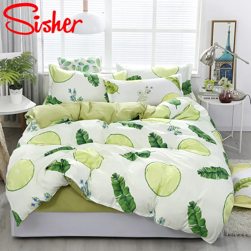 Sisher Pastoral Green Leaf Print Duvet Cover Set Cotton Polyester Adult Comforter Bedding Sets Size Single Double Queen King - Цвет: Green2