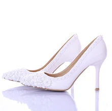 New sweet lace white pearl flower bride shoes high heel photography dress shoes women’s wedding shoes free shipping
