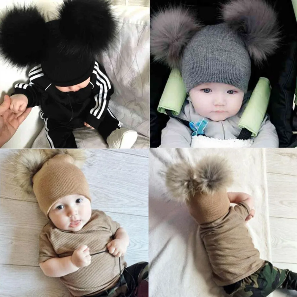 

2019 New Warm Baby Hat Faux Fur Baby Cap Cotton Pompom For Kids Winter Boys And Girls Caps Artificial Fur Children's Hat