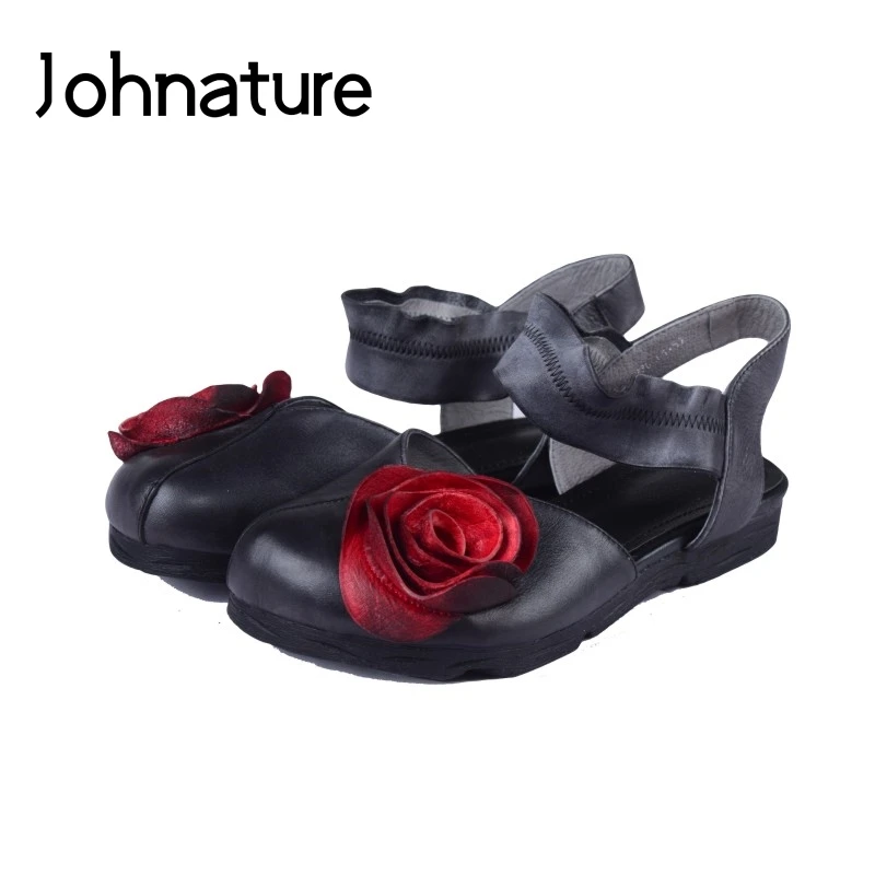 

Johnature 2019 New Summe Genuine Leather Casual Elastic Band Retro Round Toe Flower Back Strap Sandals Women Shoes