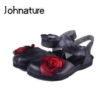 

Johnature 2020 New Summe Genuine Leather Casual Elastic Band Retro Round Toe Flower Back Strap Sandals Women Shoes