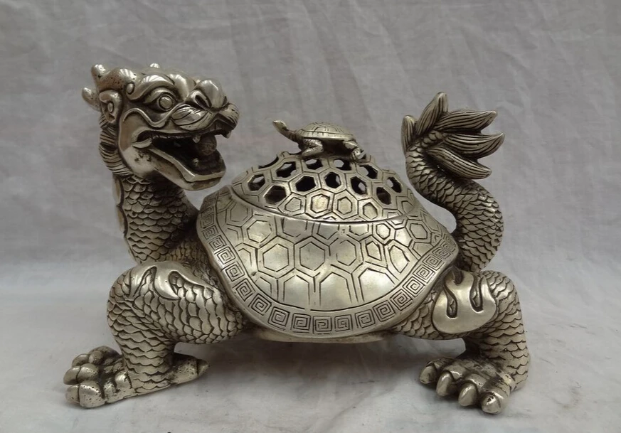 

song voge gem S4482 10" Chinese Silver Unicorn Shou Dragon Turtle Statue Box Incense Burner Censer