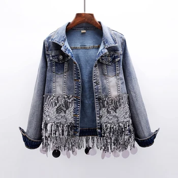 

2019 Sequins Beading Tassels Hem Women Jacket Coat Long Sleeve Chic Women Top Denim Jacket Spring Women Coat Chaqueta Mujer