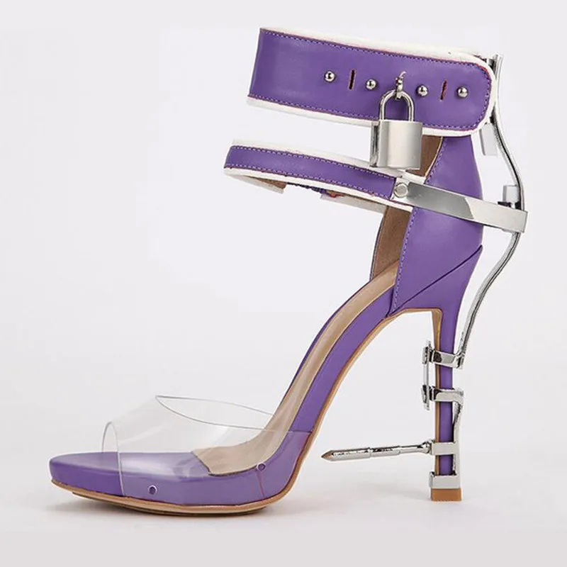 Jady Rose/Дизайнерские женские сандалии-гладиаторы с кристаллами; прозрачная обувь из ПВХ на высоком каблуке; босоножки с ремешком на щиколотке, украшенные висячим замком; женская свадебная обувь - Цвет: Purple no Crystal