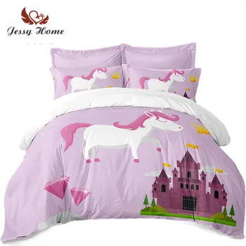 

Cute Unicorn Print Bedding Set Kids Lovely Cartoon Duvet Cover Set Girls Sweet Bed Cover King Queen Pillowcase Home Textile D30