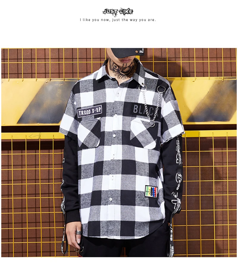 Red And Black Plaid Patchwork Shirt Men  (10)