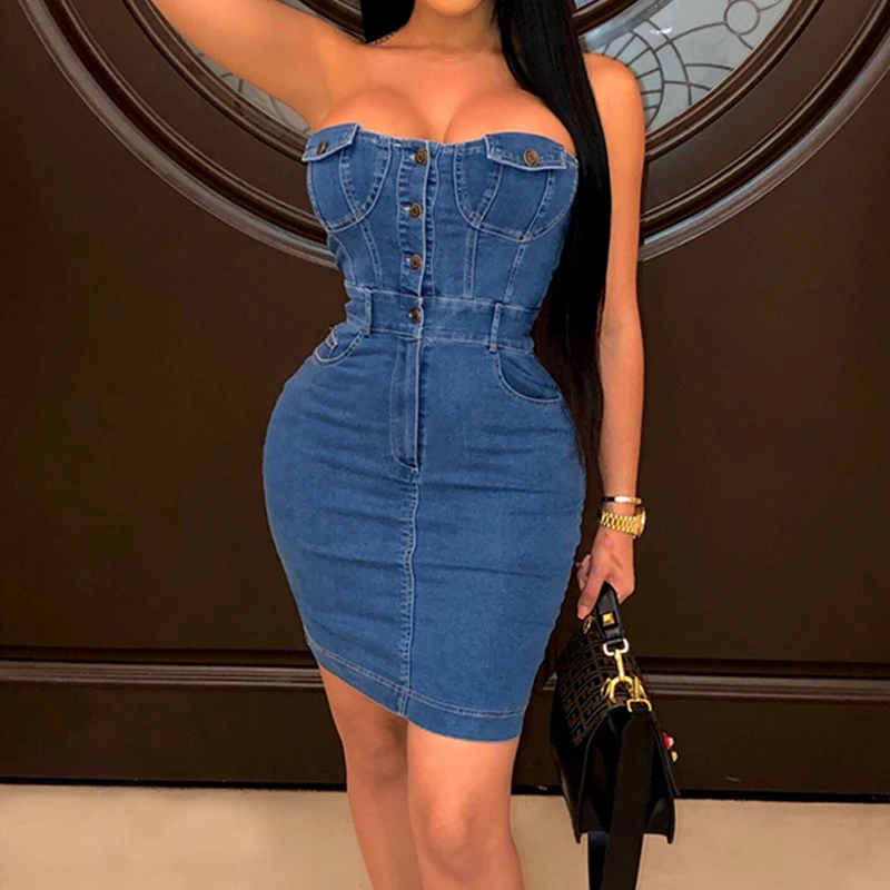 

Strapless Sexy Denim Bodycon Short Dress Sleeveless Blue Plus Size Front Button Pocket Women Casual Jean Party Club Mini Dress
