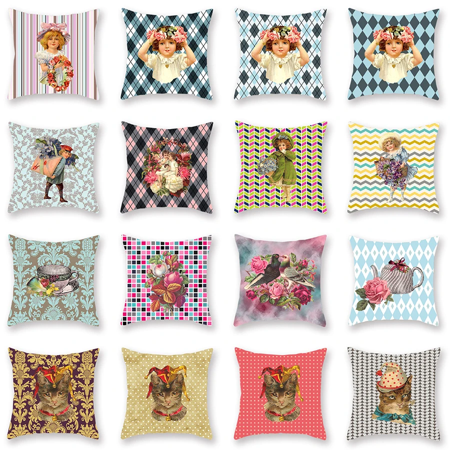 

Double Side Print Lattice Dot Decorative Throw Pillow Case Flower Bird Cat Lattice Dot Party Home Decor Sofa Car Cushion Cover
