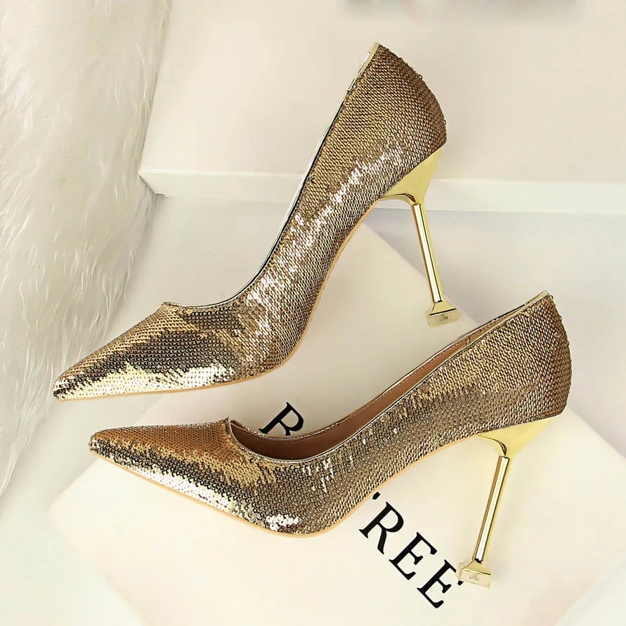 Новинка года; элегантные модные женские пикантные туфли-лодочки на высоком каблуке 9 см; женские туфли на высоком каблуке с блестками; цвет золотой, темно-синий - Цвет: Gold