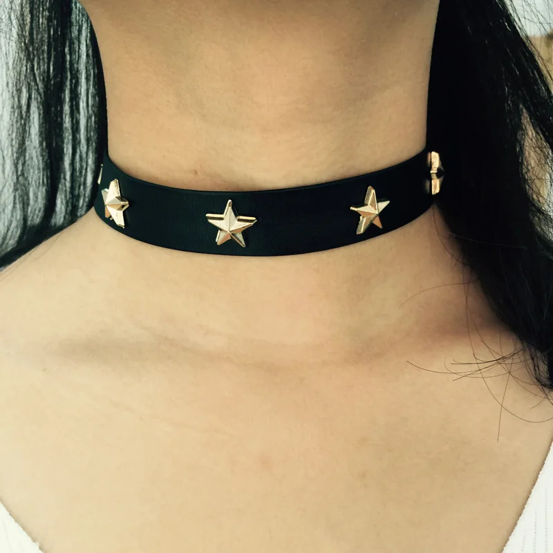 

Hot Fashion Black PU Leather Star Choker Necklace Lolita Wrap Pentagram Acrylic Decoration Necklace Women Fallout Jewelry B0724