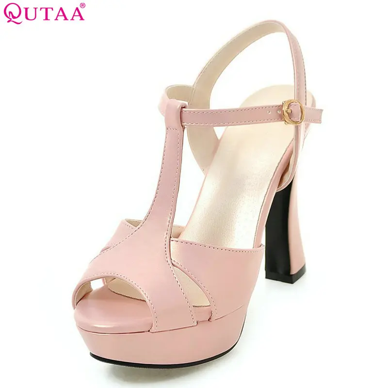 

QUTAA 2020 Women Pumps Flock Fashion Buckle Square High Heel Wedding Shoes Plarform Casual Peep Toe Ladies Pumps Size 34-43