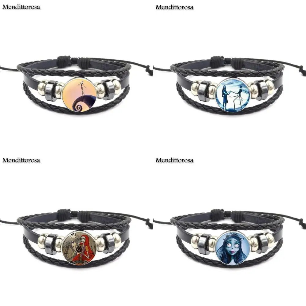 

Mendittorosa Black Leather Bracelet Bangle For The Boy Girls Cartoon Gift Jewelry Nightmare Before Christmas jack skellington
