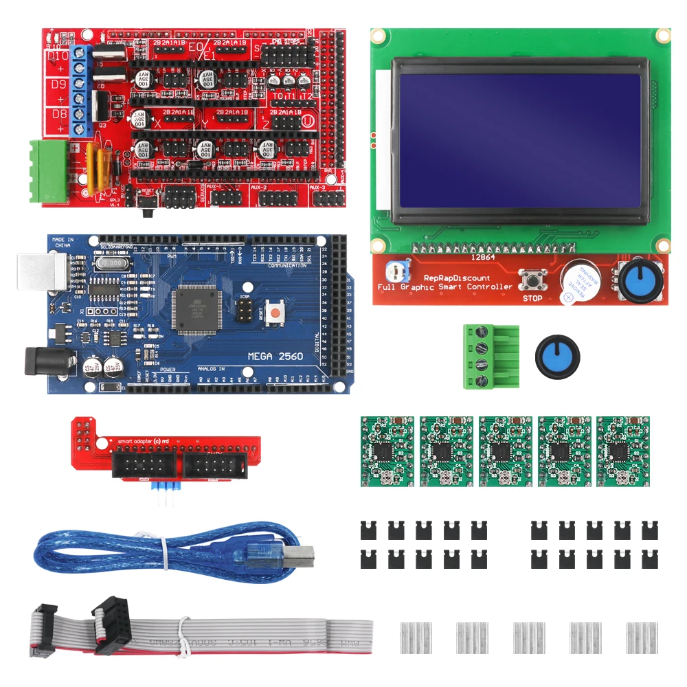 

1pcs Mega 2560 R3 + 1pcs RAMPS 1.4 Controller 5pcs A4988 Stepper Driver Module 1pcs 12864 controller for 3D Printer kit
