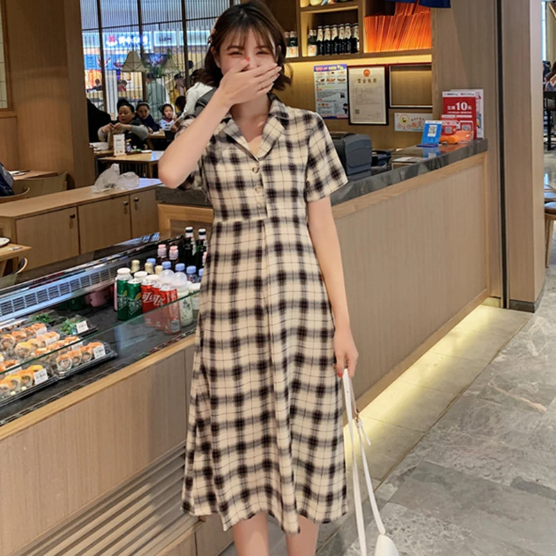 Women Summer Long Plaid T Shirt Dress Office Elegant Vacation Lady Slim School Dress Female Button Vintage  Runway Korean Dress