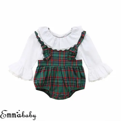 

2018 Summer Autumn Newborn Baby Kids Girls Infant Long Sleeve Flare Sleeve Plaid Patchwork Jumpsuit Bodysuit Cotton Outfit Set