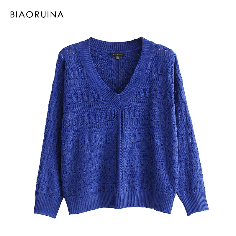 

BIAORUINA Women's Blue Solid Cotton Blends Fashion Knitted Sweater Ladies Elegant Loose V-neck All-match Pullovers 2019 Autumn