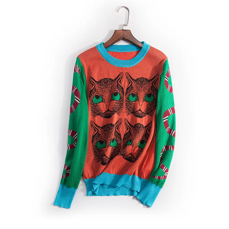 

Autumn Winter Sweater For Women 2018 New Runway Design Jumper Snake Cat Head Pattern Vintage Embroidery Top Casual Knit Pullover