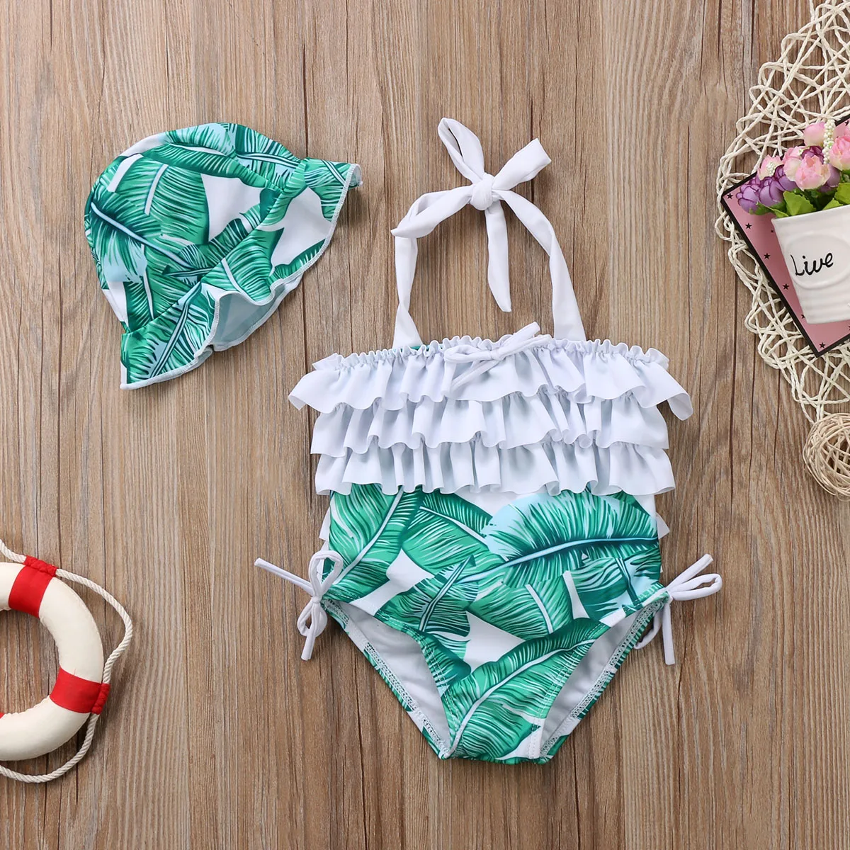Летние Новые Детские бикини для девочек Купальник соответствующие Пальмовые Листья цельные костюмы с рюшами милые купальники пляжный костюм
