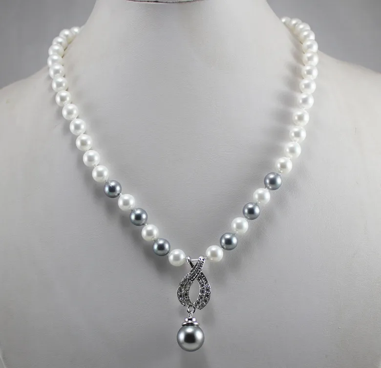 

8mm white mixed gray shell pearl necklace+14mm gray shell pearl pendant 013