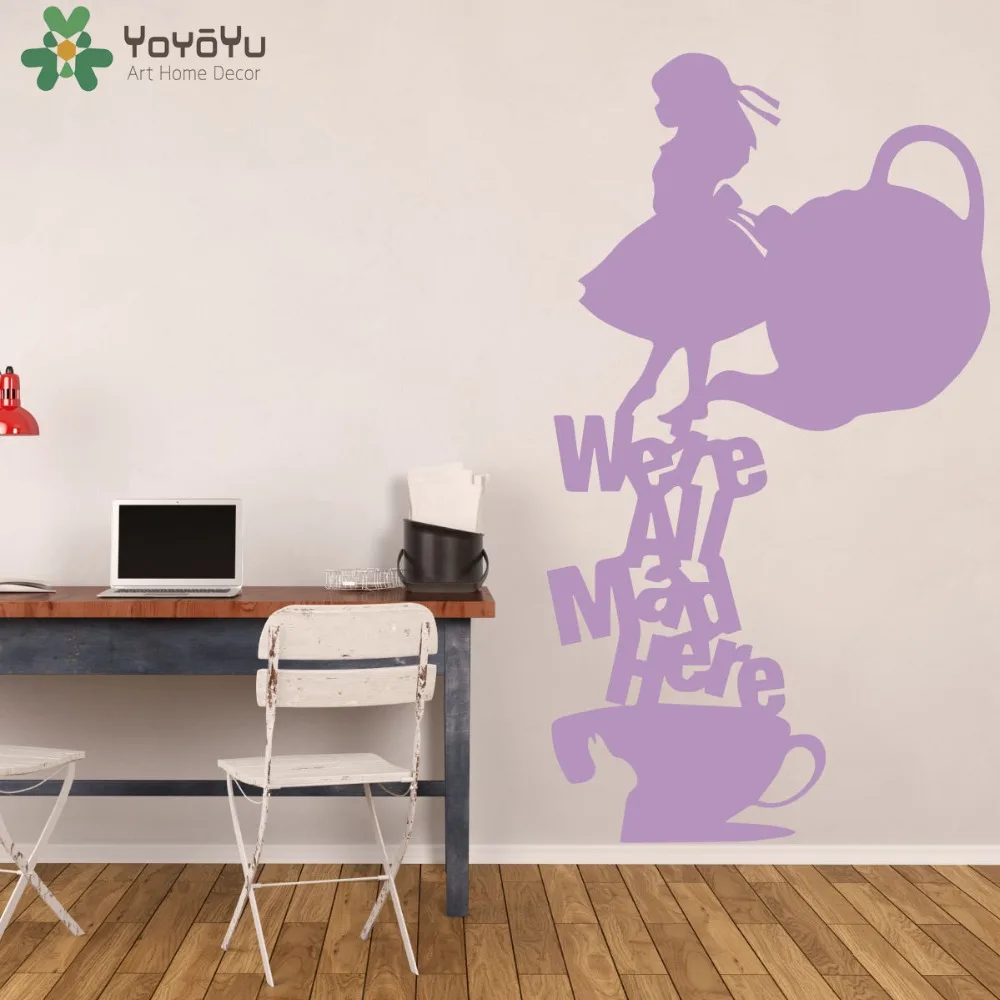 

Alice In Wonderland Wall Stickers For Kids Rooms Tea Party Wall Decal Teapot Pattern Were All Bad Here Nursery Quote Decor SY410