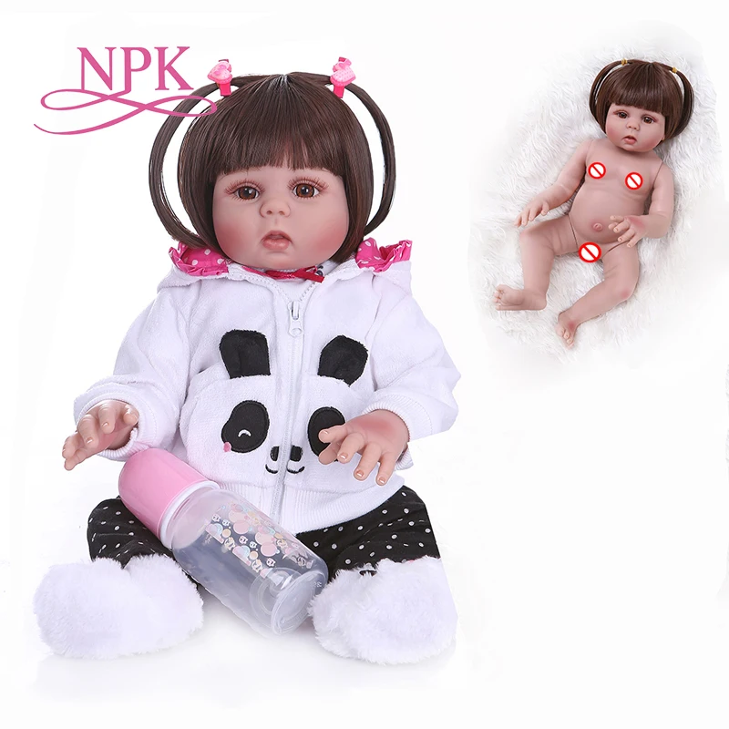 

NPK 48CM bebe doll reborn toddler doll girl in panda dress full body soft silicone realistic flexible baby Anatomically Correct