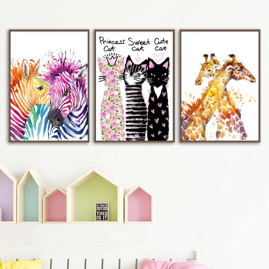 

Watercolor Deer Cat Zebra Wall Art Canvas Painting Nordic Posters And Prints Animals Wall Pictures Kids Room Pop Art Home Decor