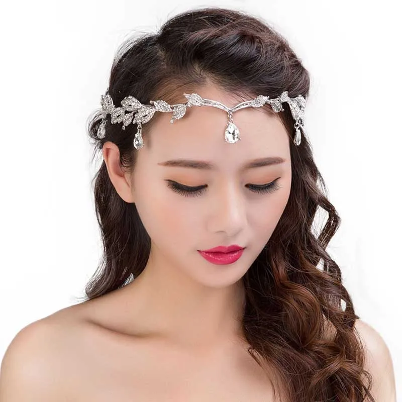 FORSEVEN Wholesale Silver Tassel Crystal Pearl Forehead Headband Bridal