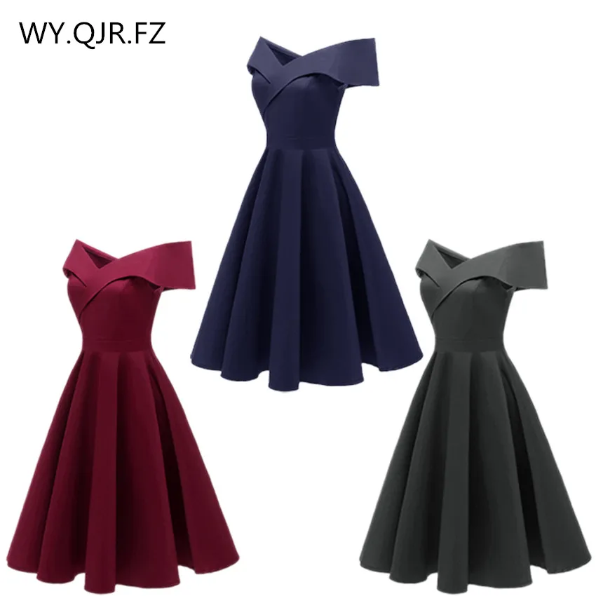 

CD1635Q#Satin drill wine red Navy blue black short Boat Neck Bridesmaid dresses wessing party dress gown prom wholesale women