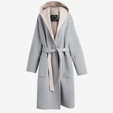 Двусторонний материал другой цвет шерстяные ткани женские пальто с капюшоном Открыть стежка MD-Длинные без подкладки один и более размер