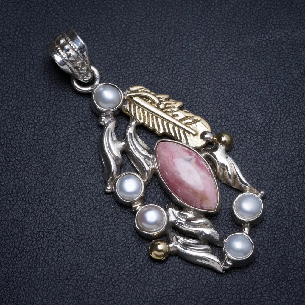 

Natural Rhodochrosite and River Pearl Handmade Unique 925 Sterling Silver Pendant 2" X0165
