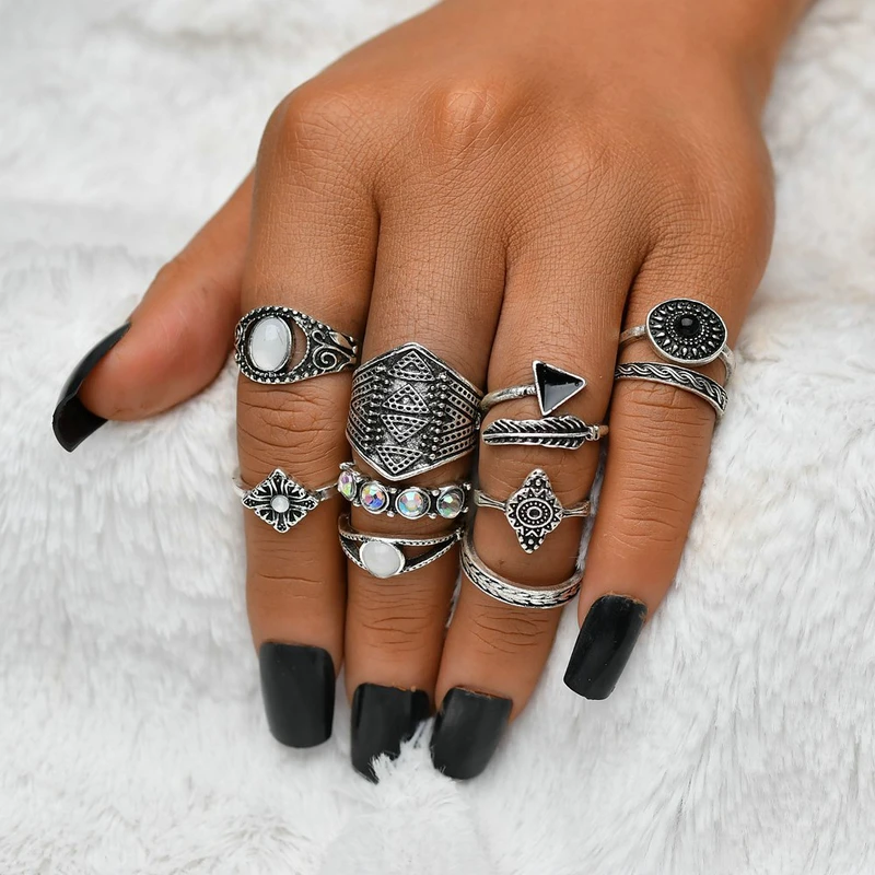 

10 Pcs/Sets Hand Knuckle Rings Set For Women Vintage Gold Silver Color Crystal Zircon Flowers Graph pattern Jewelry KB143 KB144