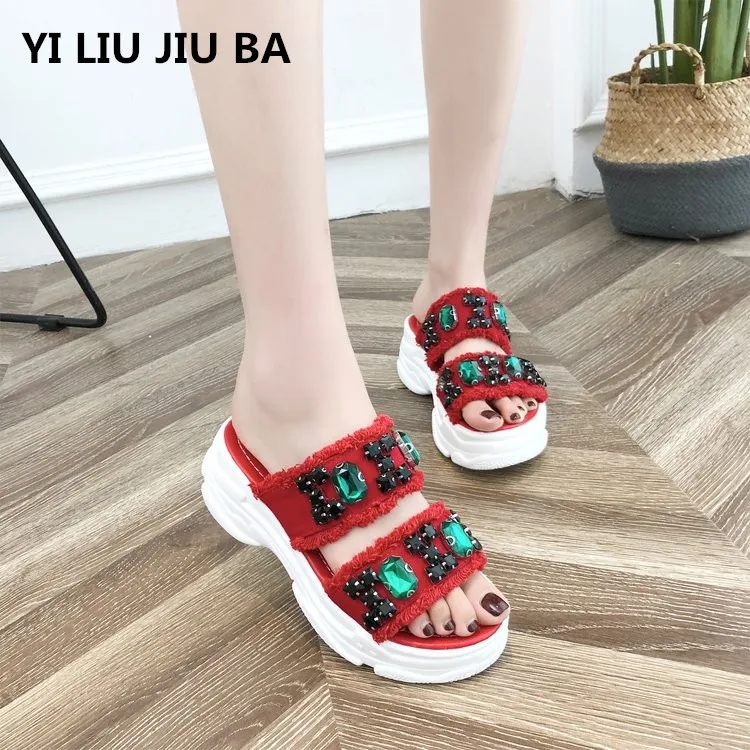 

Summer Women Shoes Slippers shoes Muffin bottom Beach Slope Flops Slippers summer fashion Rhinestone slippers shoes women **603