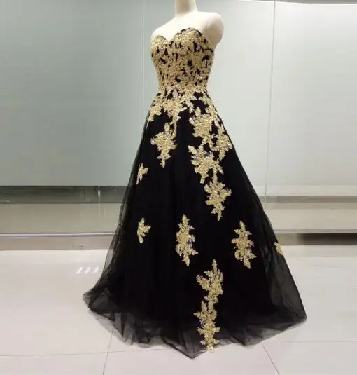 Real Photo Nero e Oro Abiti Da Sera Lungo Sweetheart Una Linea Appliques In  Rilievo Tulle Nero Vestito Da Promenade Vestito Convenzionale Oro FE36|gold  evening dress long|gold formal dressesgold evening dress -