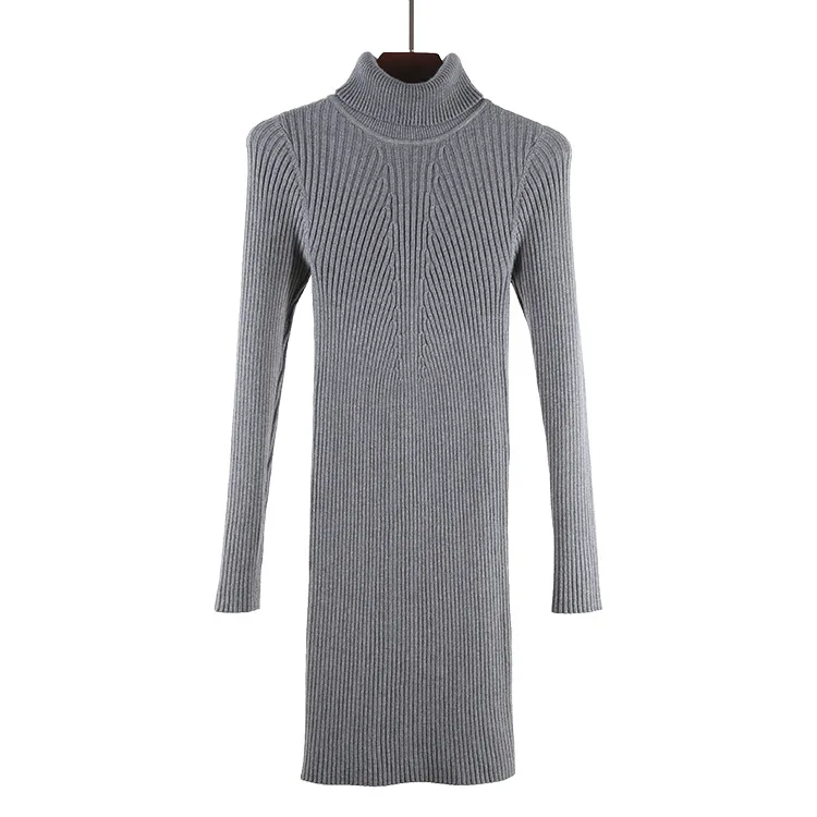 GIGOGOU Водолазка Теплый женский свитер платье мини тонкий осень зима теплый пуловер платья толстые трикотажные ребра женские платья - Цвет: GREY 1121
