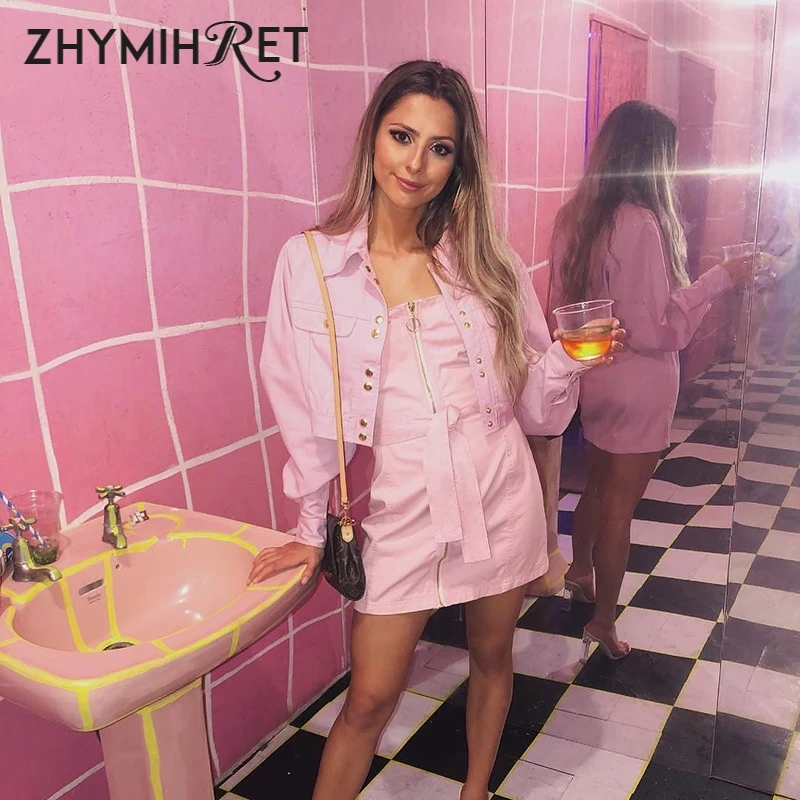 ZHYMIHRET спереди на молнии розовое платье Лето 2019 женское элегантное богемное мини