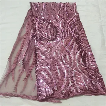 

High Quality Tulle Lace Pink Color African Lace Fabric With Sequins Beads African French Wedding Lace Fabric For 5yards