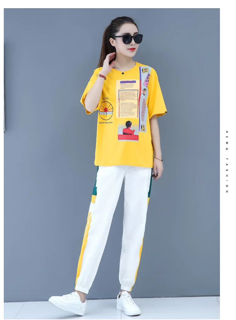 Летний Повседневный Спортивный комплект из двух предметов, спортивный костюм, женская одежда, плюс размер, принтованные футболки и штаны, костюмы, корейская мода, комплекты