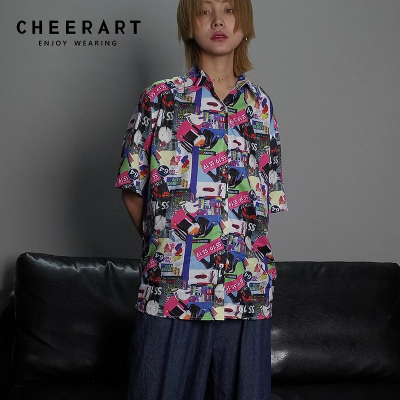 

Cheerart Harajuku Blouse Women Shirt Summer Top Loose Print Shirt Color Block Short Sleeve Blouse Plus Size Streetwear Clothing
