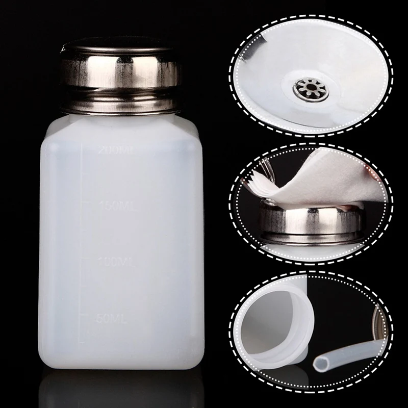 

200ML Portable Press Empty Refillable Bottle Liquid Alcohol Pump UV Gel Nail Polish Cleaner Acetone Water Remover Dispenser