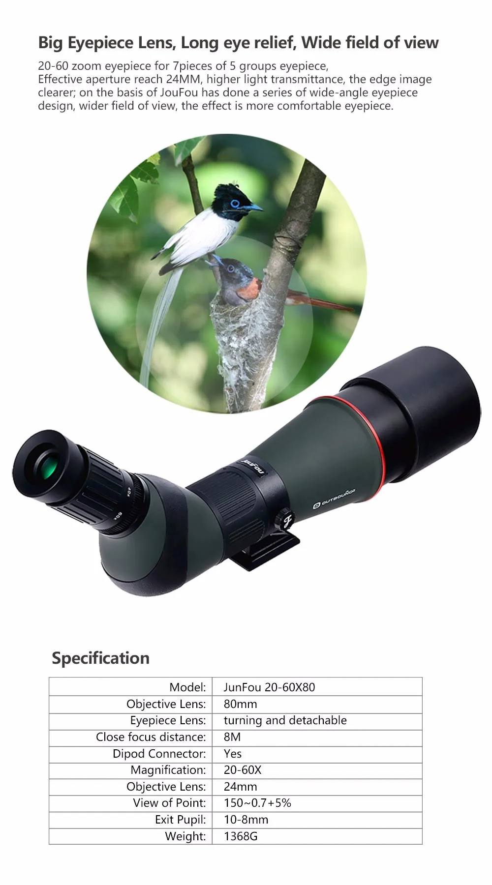 JouFou 20-60X80 Tripod Monocular Zoom Waterproof Alloy Lens Barrel Telescope Wide-angle Design Telescope Bird Watching (11)